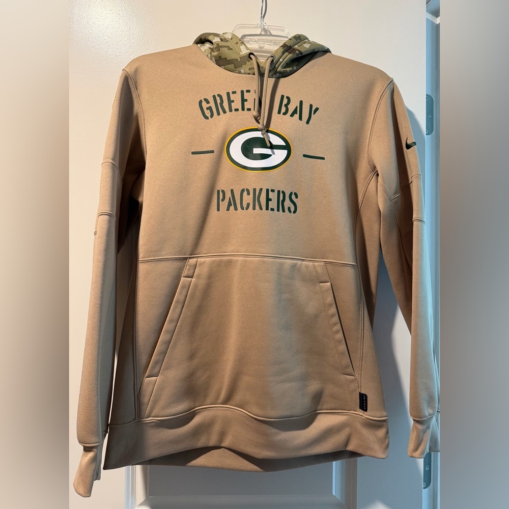 Nike Green Bay Packers Tan Pullover Hoodie with Camouflage Hood Lining